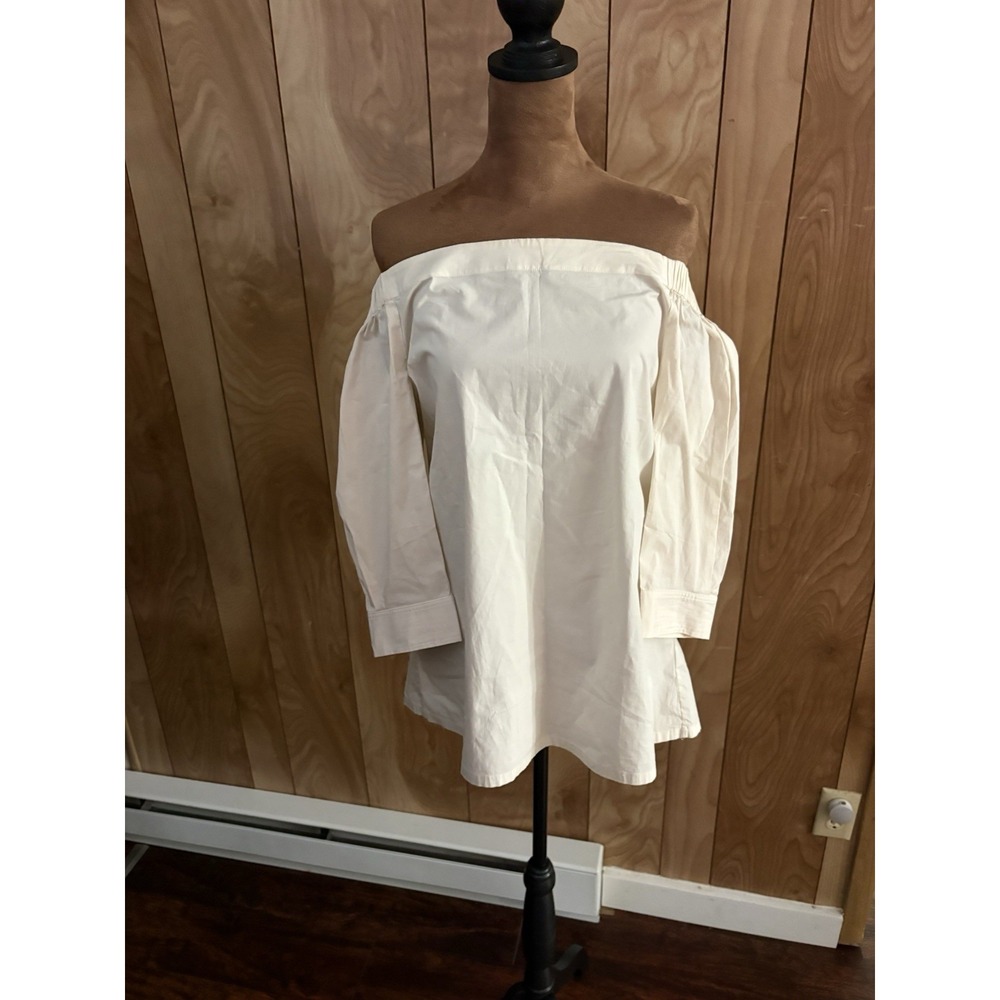 Theory Cream Off-Shoulder Cotton Tunic Sweater